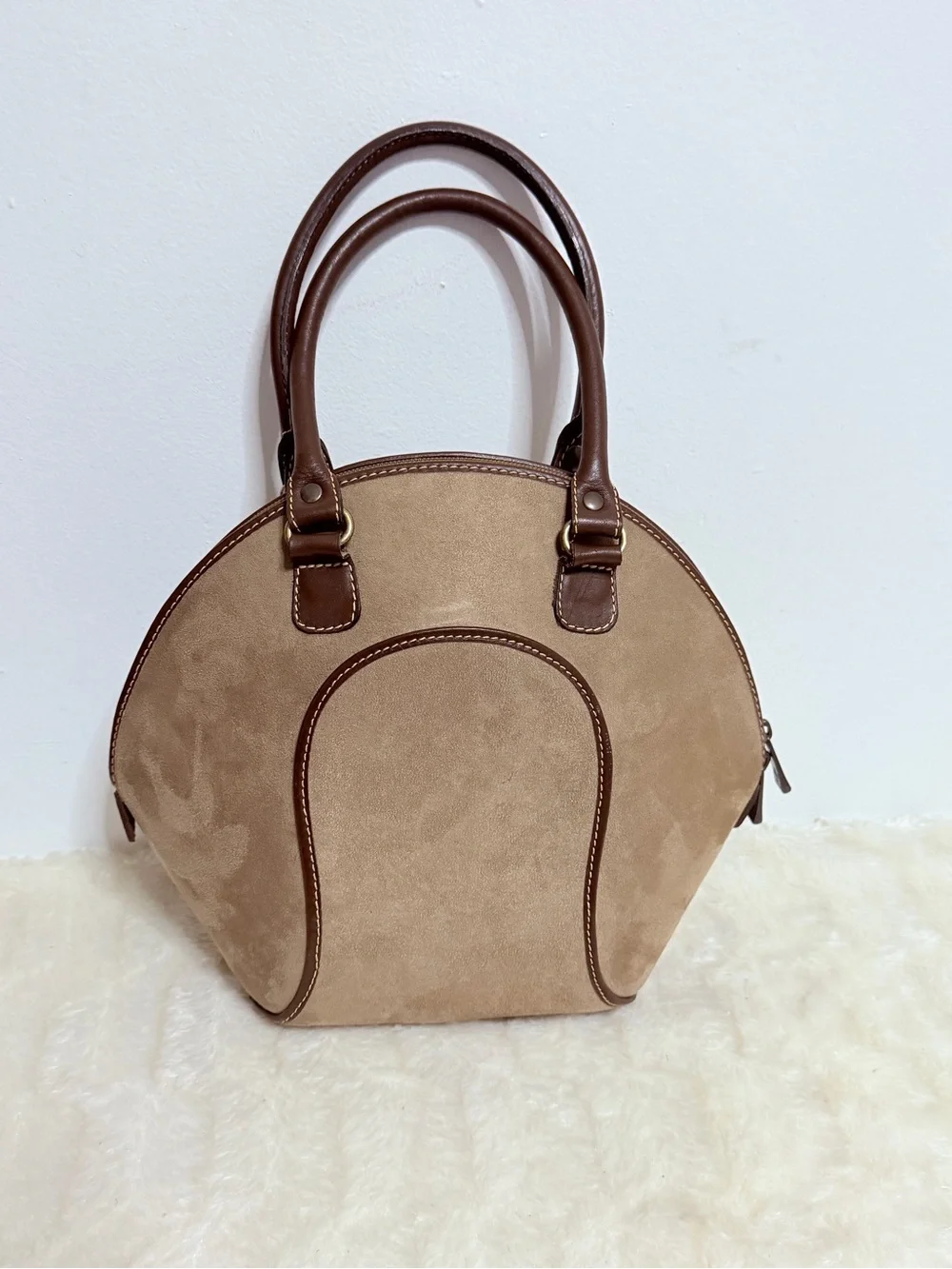 Antigua Beige Suede Dome Handbag with Brown Trim - Classic Women’s Bag